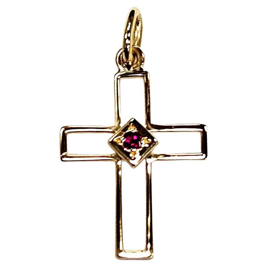 18KT Yellow Gold Open Cross Pendant with Center Ruby, Modern French Design