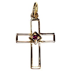 18KT Yellow Gold Open Cross Pendant with Center Ruby, Modern French Design