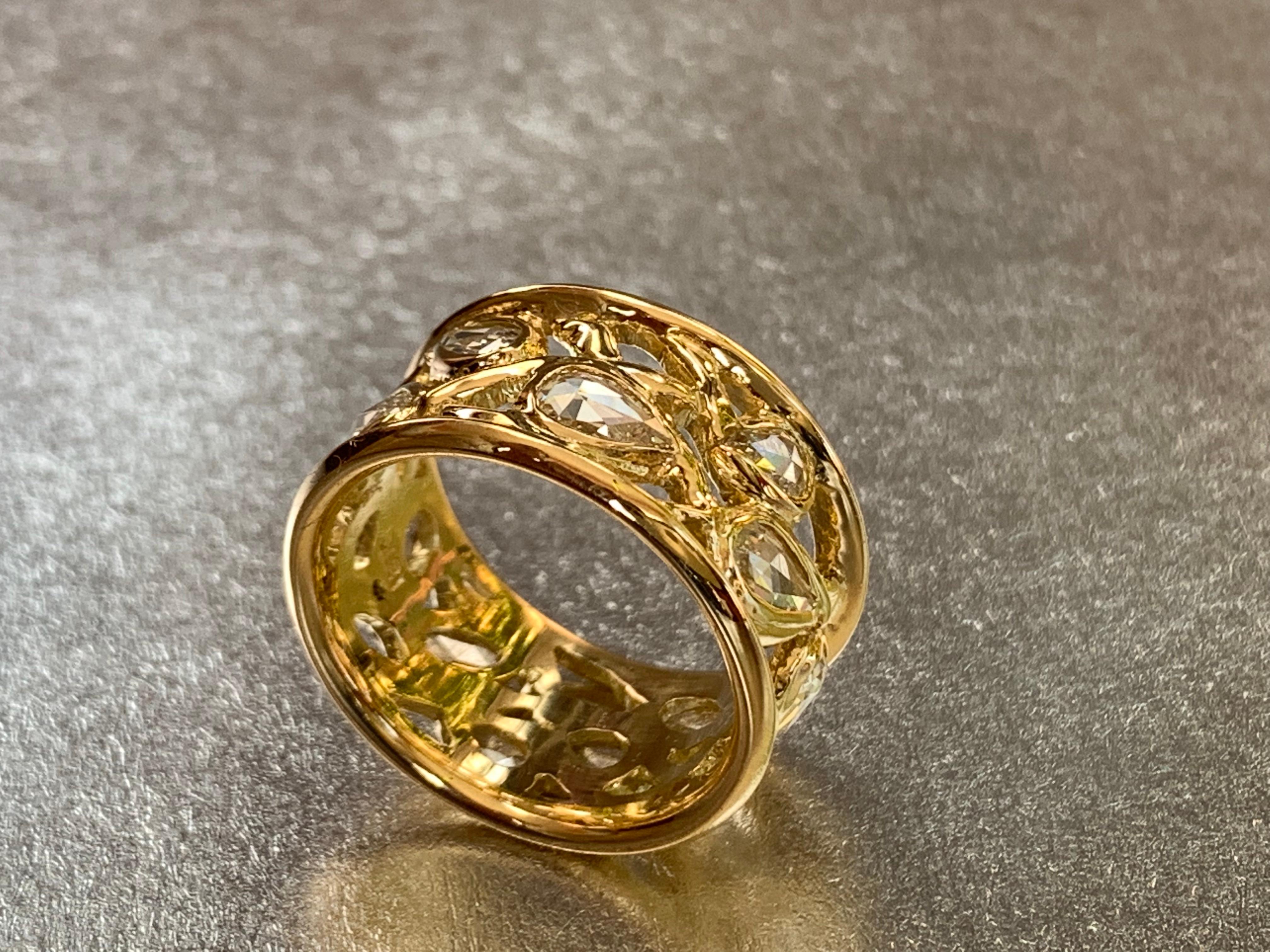 18kt Yellow Gold Organically Sculpted Wide Band Ring w/ White Rose Cut Diamonds For Sale 1