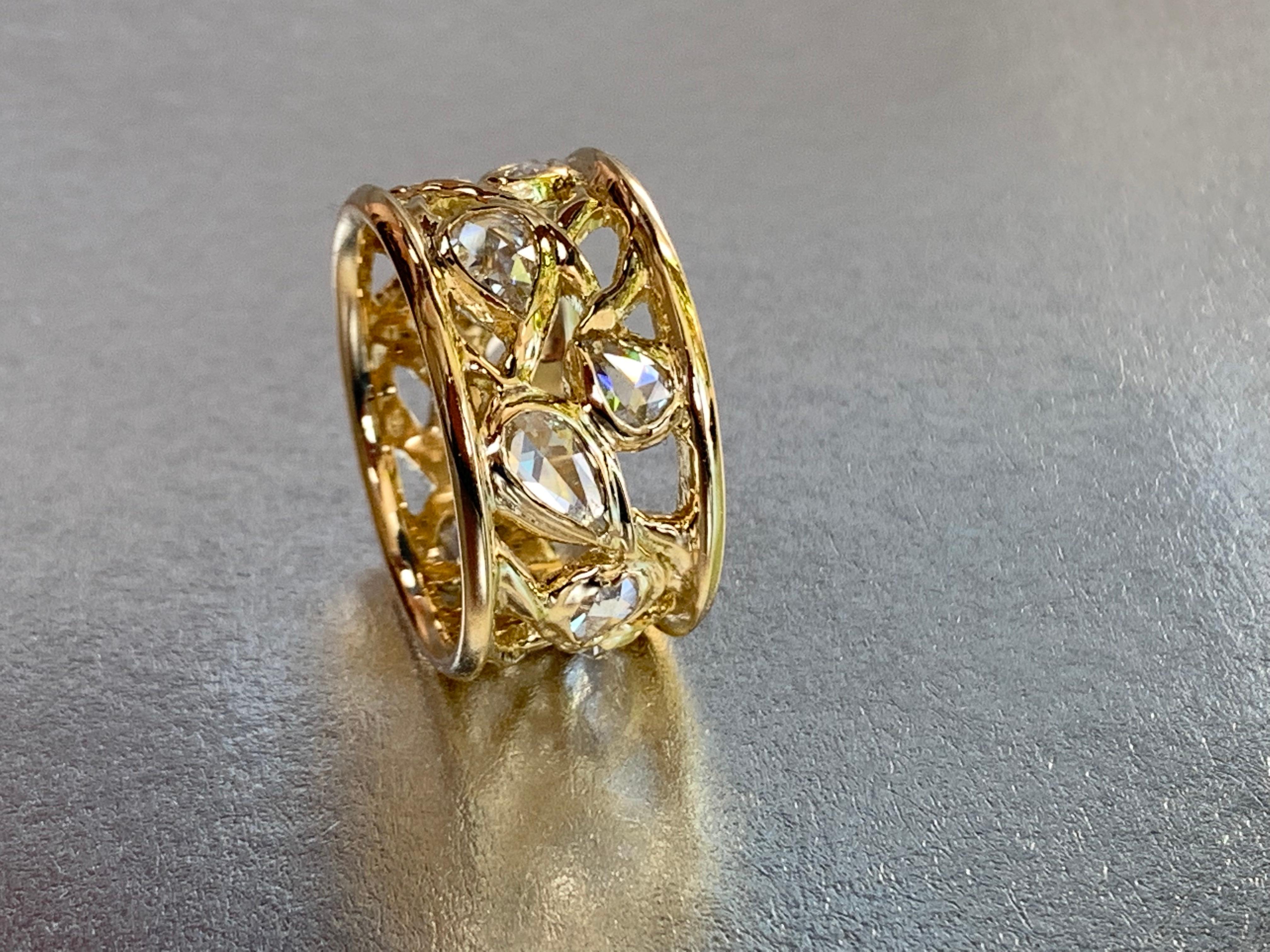 18kt Yellow Gold Organically Sculpted Wide Band Ring w/ White Rose Cut Diamonds For Sale 2