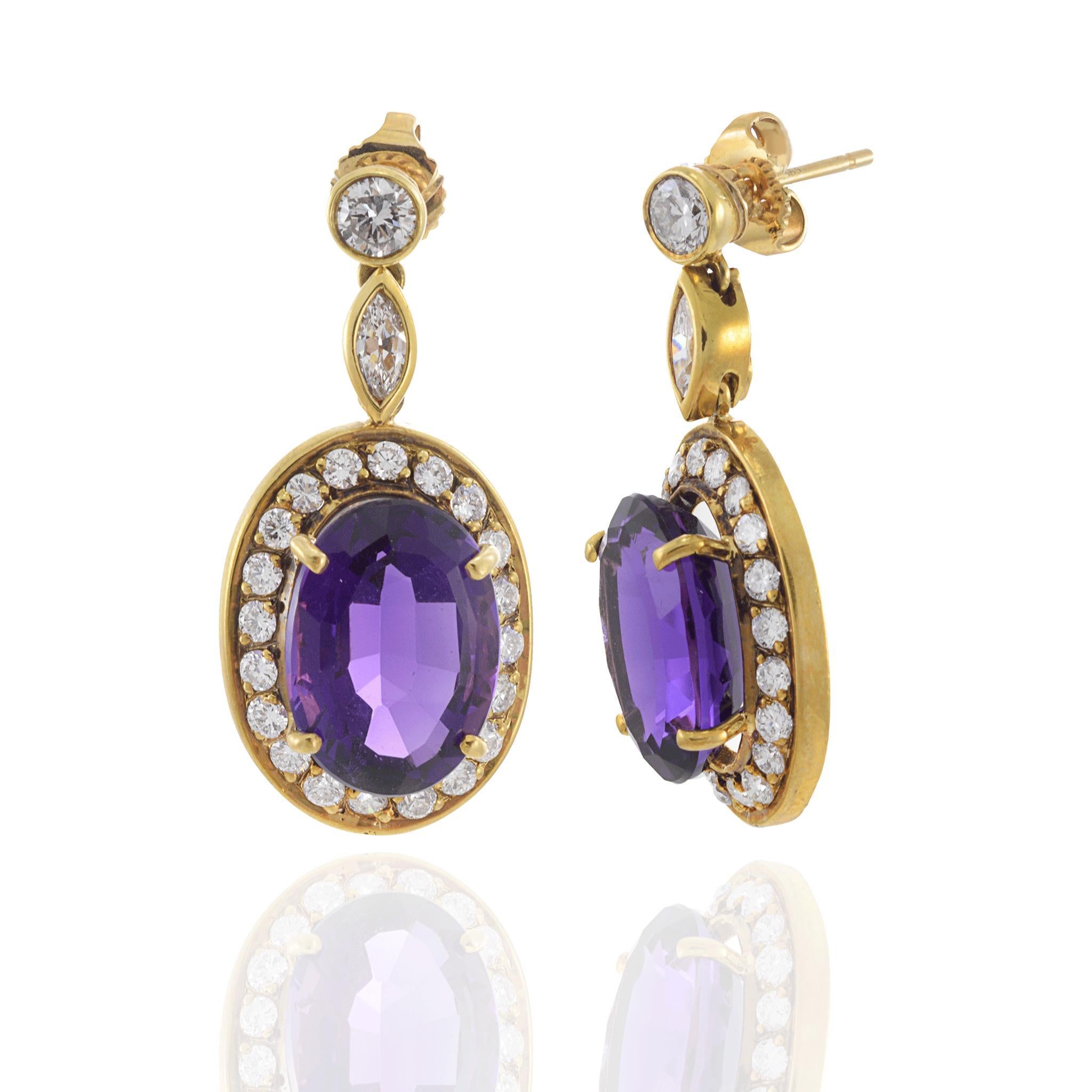 Taglio ovale Orecchini a goccia ovali in oro giallo 18KT con ametista e diamante in vendita