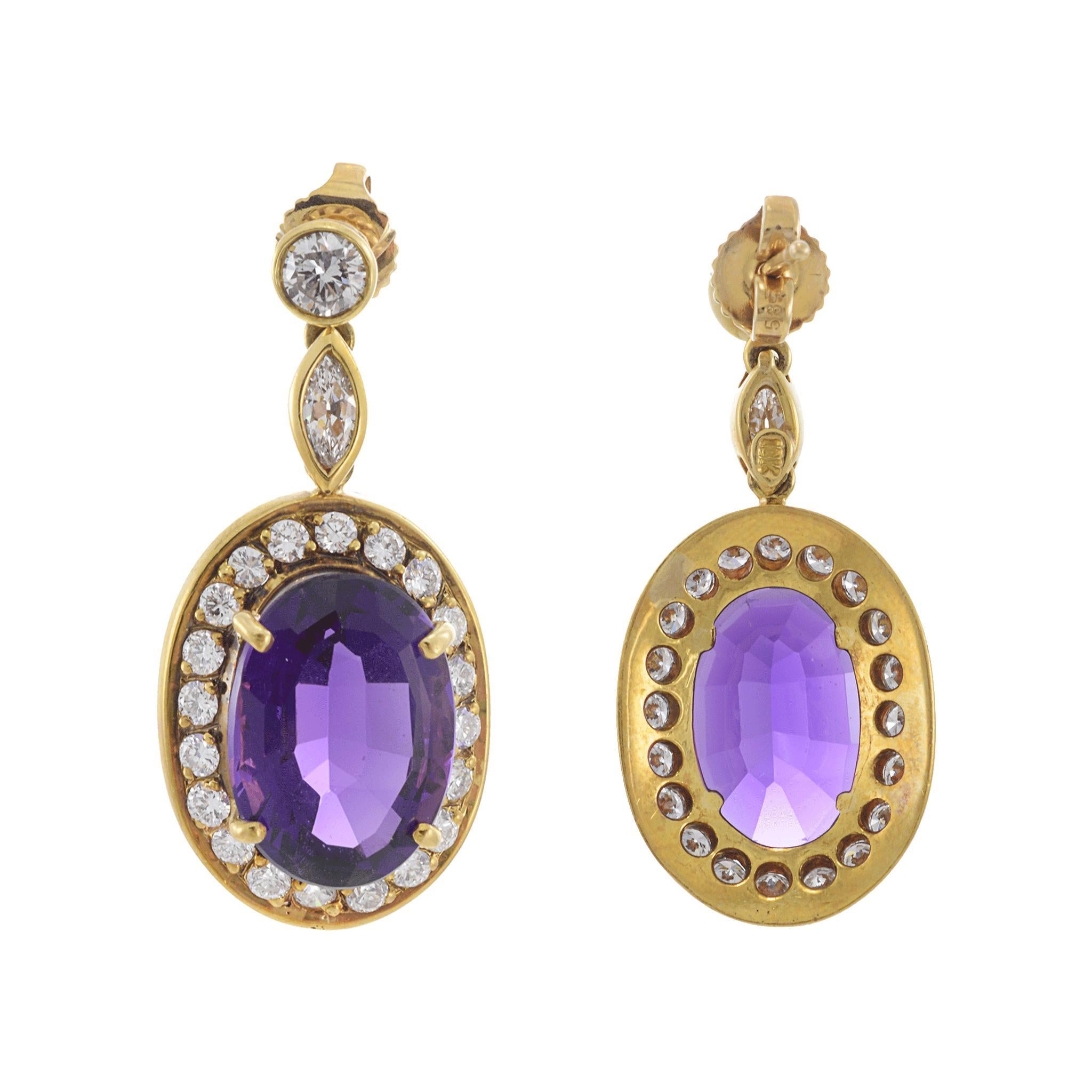 Orecchini a goccia ovali in oro giallo 18KT con ametista e diamante In condizioni Nuovo in vendita a New York, NY
