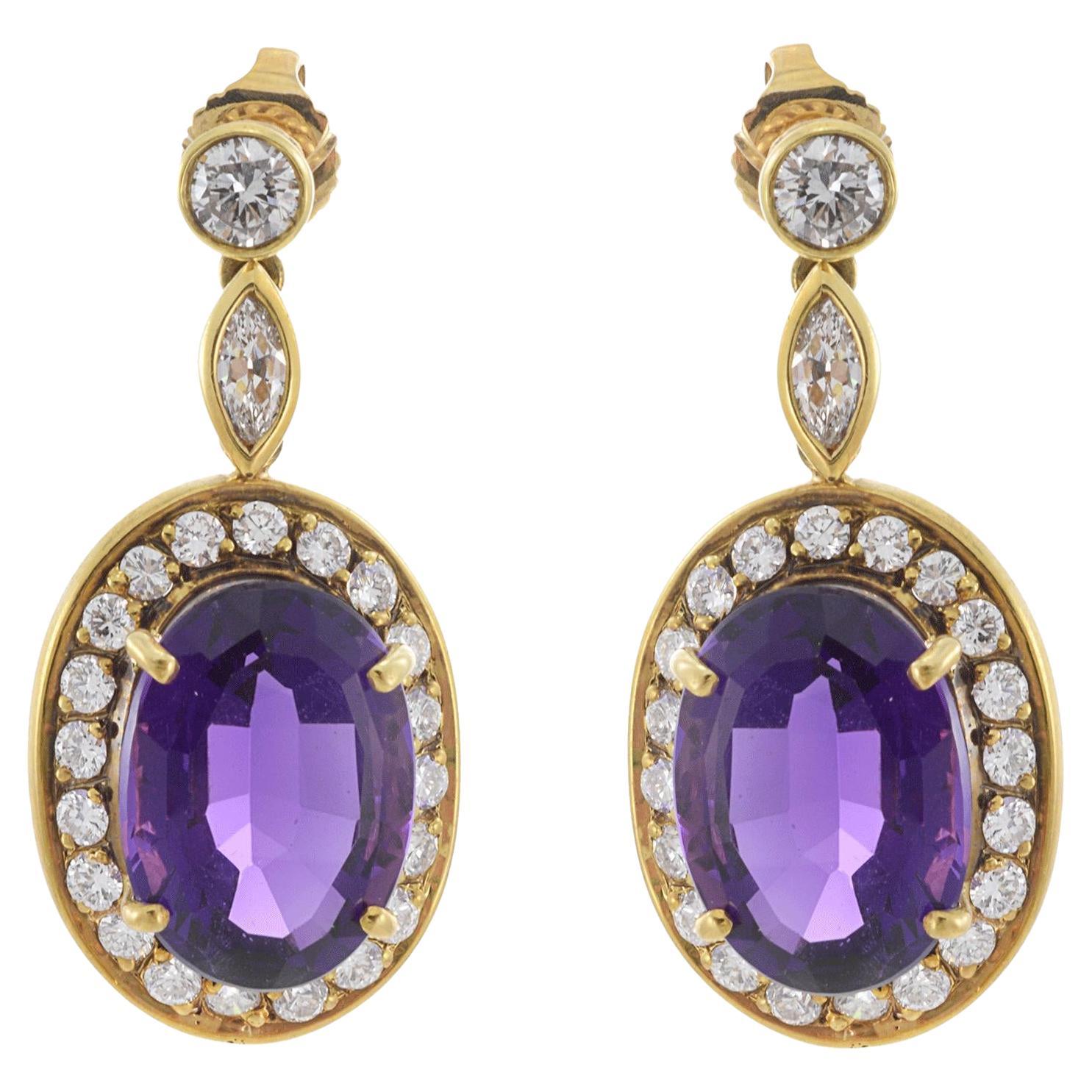 Ovale Amethyst- und Diamant-Tropfenohrringe aus 18KT Gelbgold