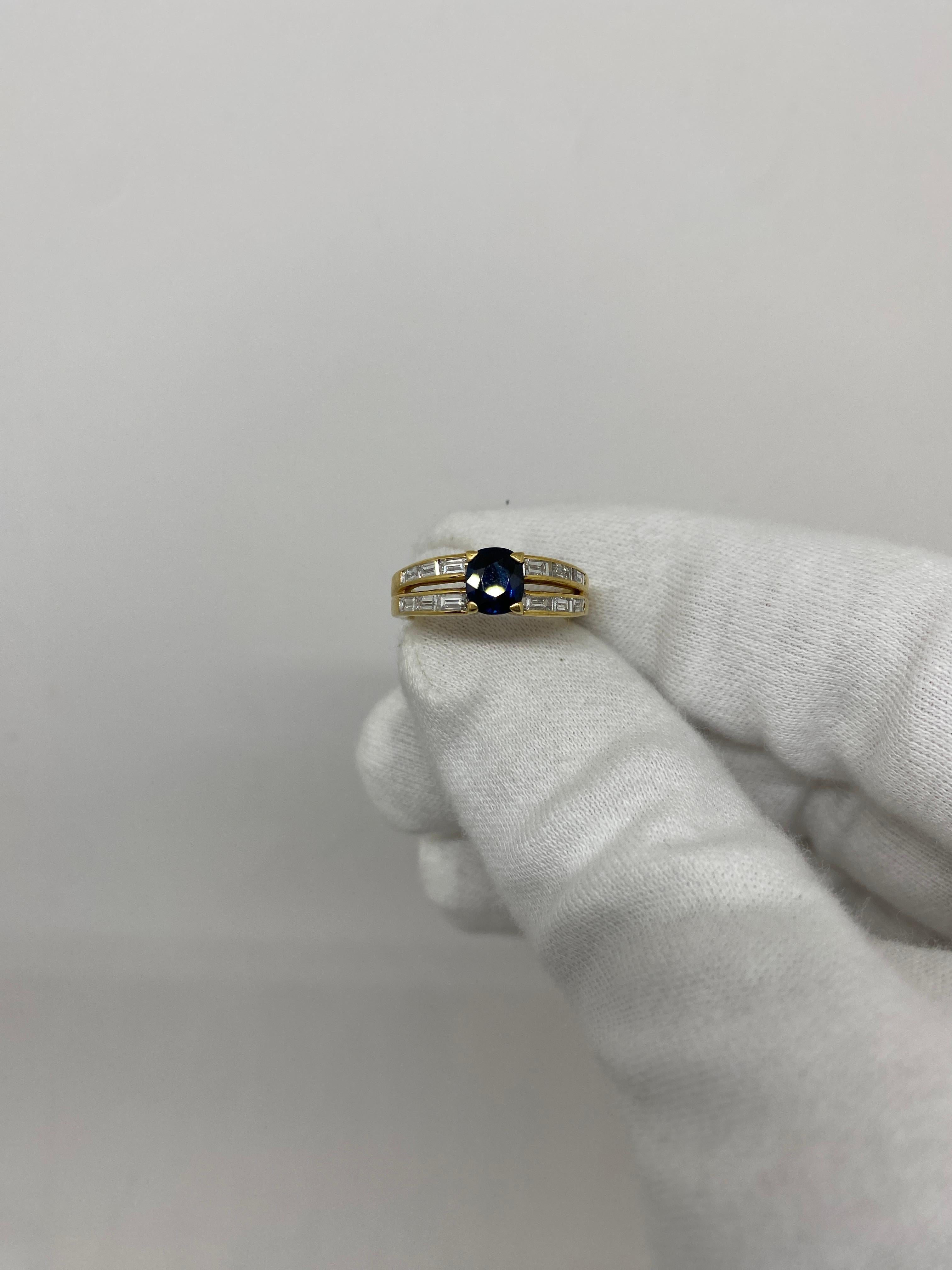 Ring made of 18kt yellow gold with oval blue sapphire for ct .0.90 and baguette-cut white diamonds for ct .0.80

Welcome to our jewelry collection, where every piece tells a story of timeless elegance and unparalleled craftsmanship. As a family-run