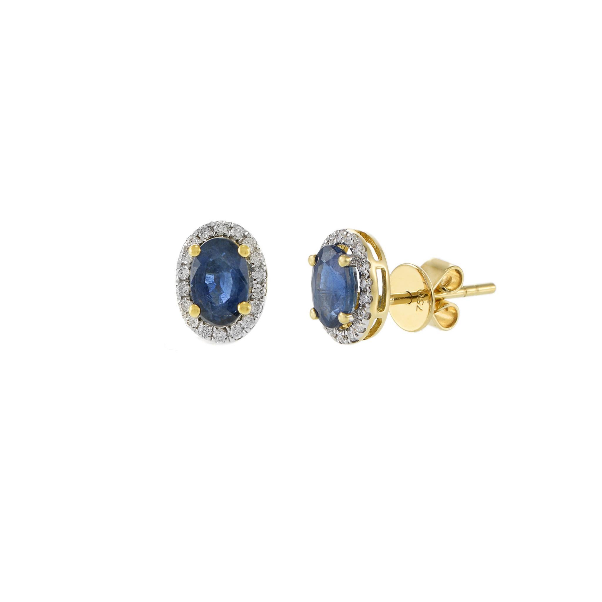 Taglio ovale Orecchini in oro giallo 18KT con zaffiro blu ovale e diamanti in vendita
