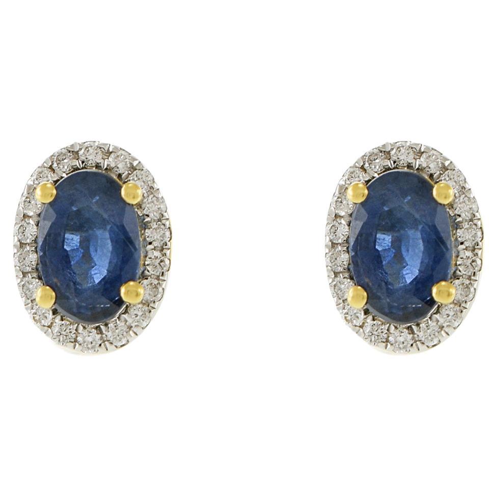 18KT Yellow Gold Oval Blue Sapphire And Diamond Earrings