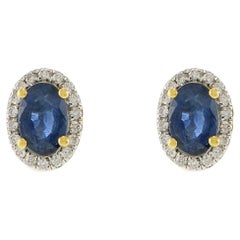 18KT Yellow Gold Oval Blue Sapphire And Diamond Earrings