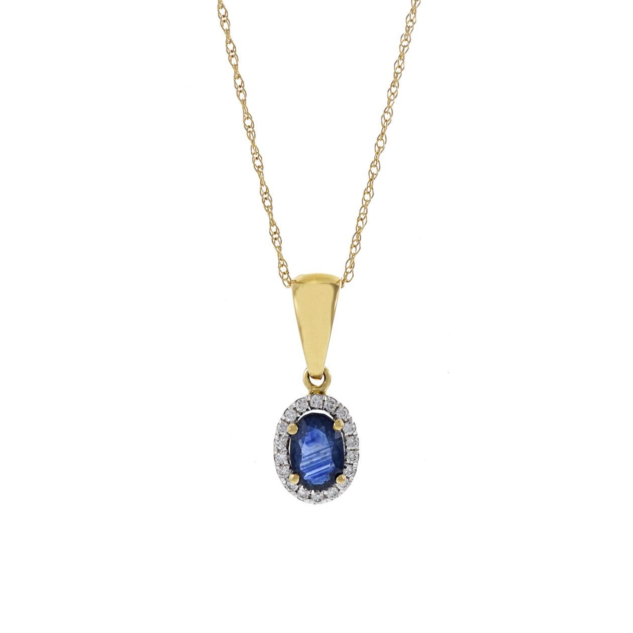 This 18kt yellow gold pendant features a captivating oval-shaped Blue Sapphire weighing 0.57 carats, encircled by a shimmering halo of round-cut diamonds totaling 0.07 carats. The combination of the vibrant Sapphire and the sparkling diamonds set in
