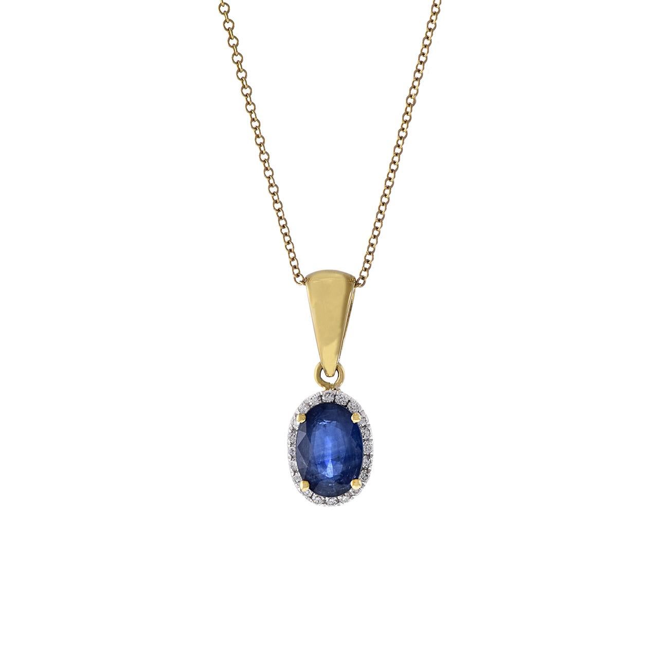 This 18kt yellow gold pendant features a captivating oval-shaped Blue Sapphire weighing 0.81 carats, encircled by a shimmering halo of round-cut diamonds totaling 0.08 carats. The combination of the vibrant Sapphire and the sparkling diamonds set in