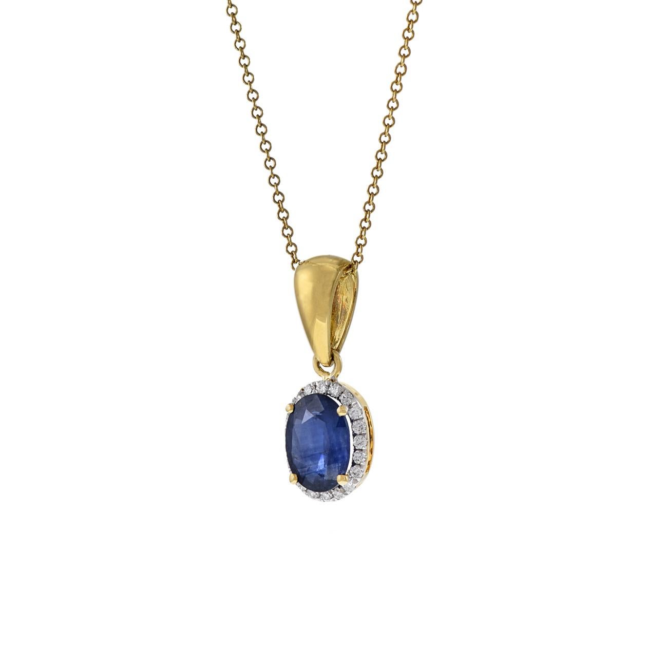 Modern 18KT Yellow Gold Oval Blue Sapphire And Diamond Pendant Necklace For Sale
