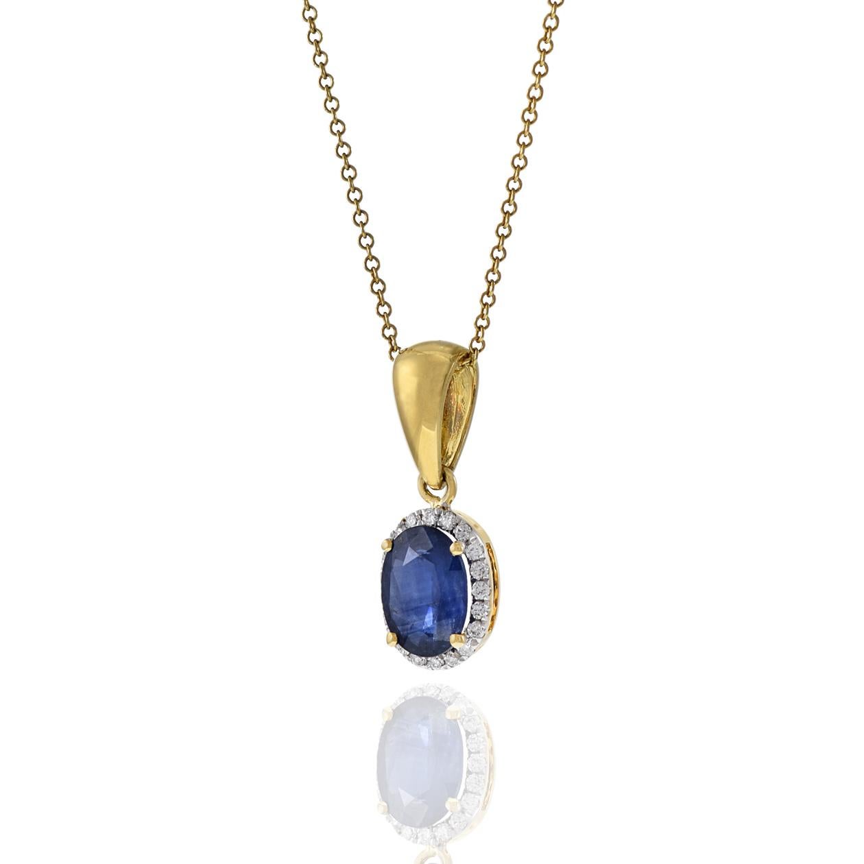 Oval Cut 18KT Yellow Gold Oval Blue Sapphire And Diamond Pendant Necklace For Sale