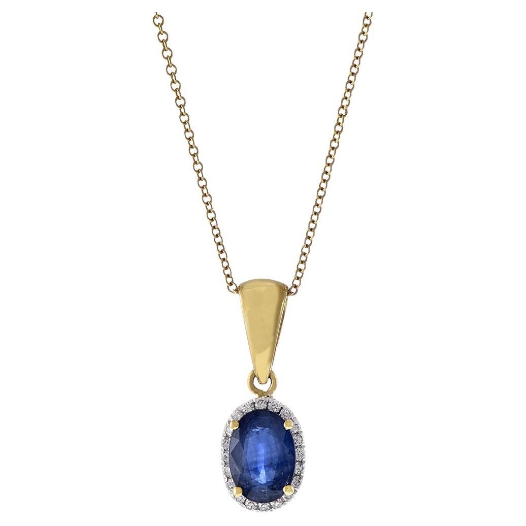 18KT Yellow Gold Oval Blue Sapphire And Diamond Pendant Necklace