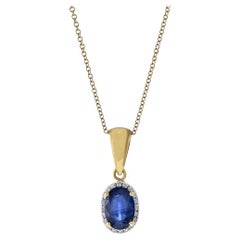 18KT Yellow Gold Oval Blue Sapphire And Diamond Pendant Necklace