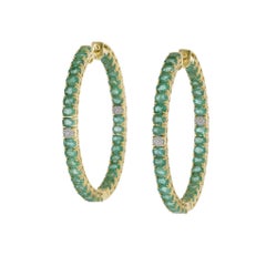 18KT Yellow Gold Oval Emerald and Diamond In-and-Out Hoop Earrings