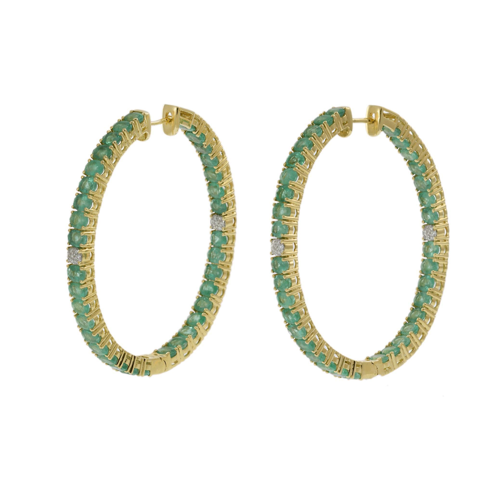 Oval Cut 18KT Yellow Gold Oval Emerald and Diamond In-and-Out Hoop Earrings For Sale