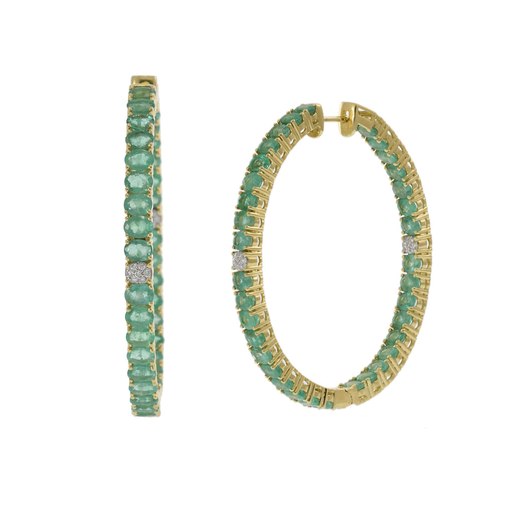 18KT Yellow Gold Oval Emerald and Diamond In-and-Out Hoop Earrings In New Condition For Sale In New York, NY