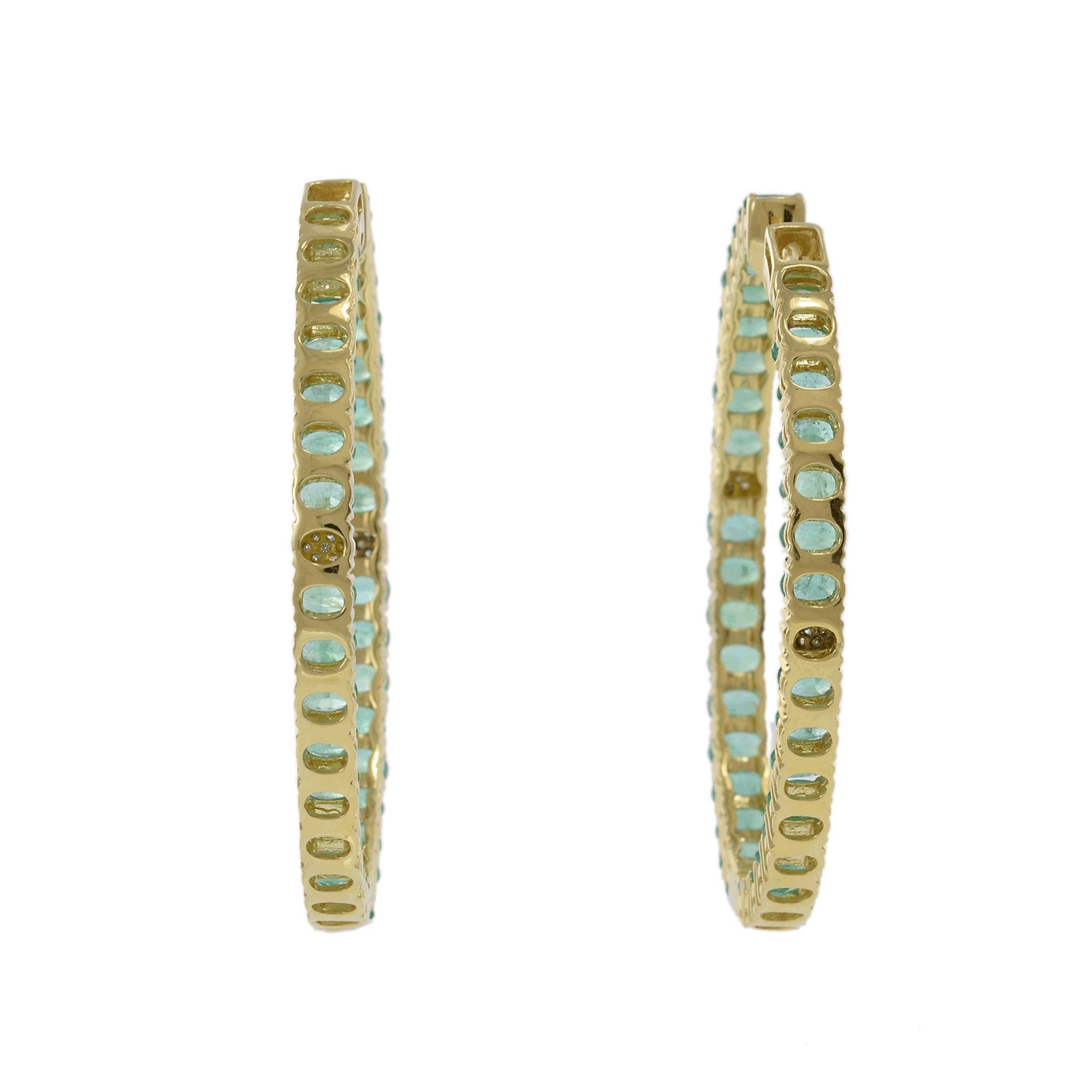 Women's 18KT Yellow Gold Oval Emerald and Diamond In-and-Out Hoop Earrings For Sale