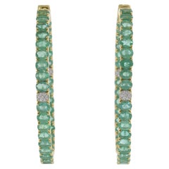 18KT Yellow Gold Oval Emerald and Diamond In-and-Out Hoop Earrings