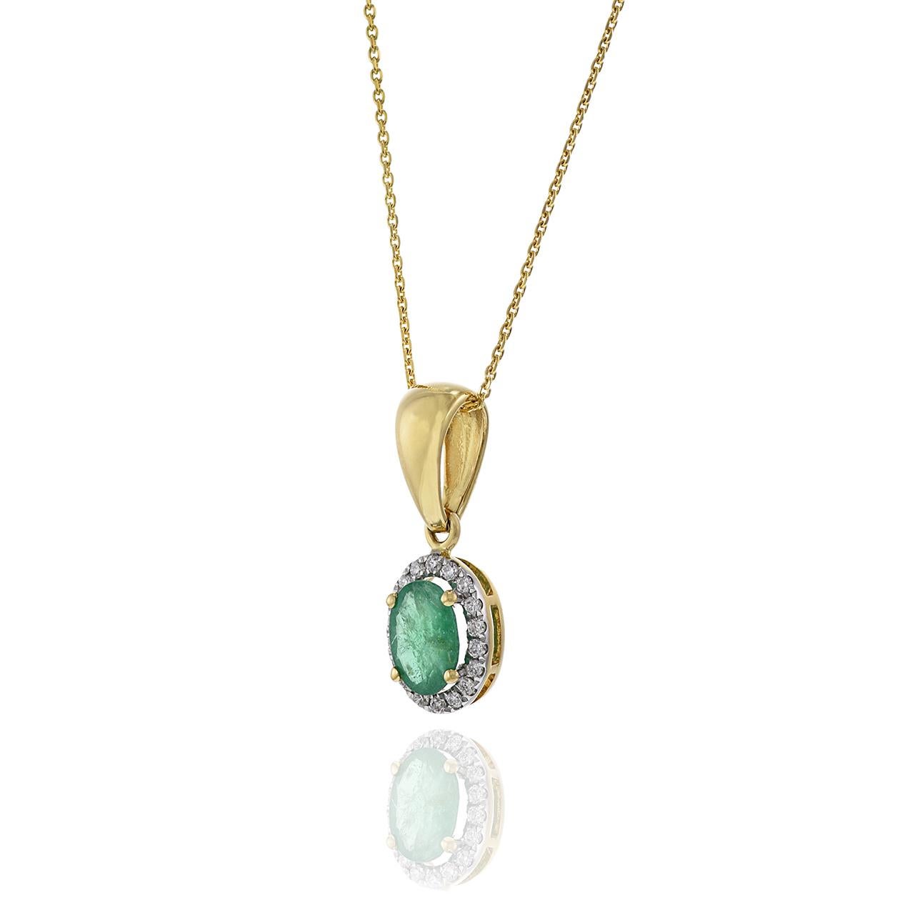 Oval Cut 18KT Yellow Gold Oval Emerald and Diamond Necklace For Sale