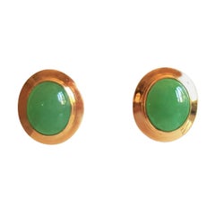 18kt Yellow Gold Oval Jade Earrings, Rich Vibrant Green, Very Good