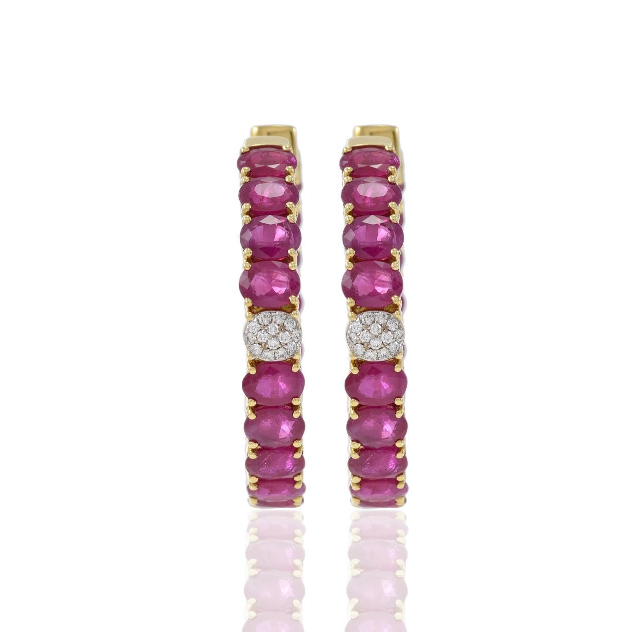 Modern 18KT Yellow Gold Oval Ruby And Diamond Hoop Earrings For Sale