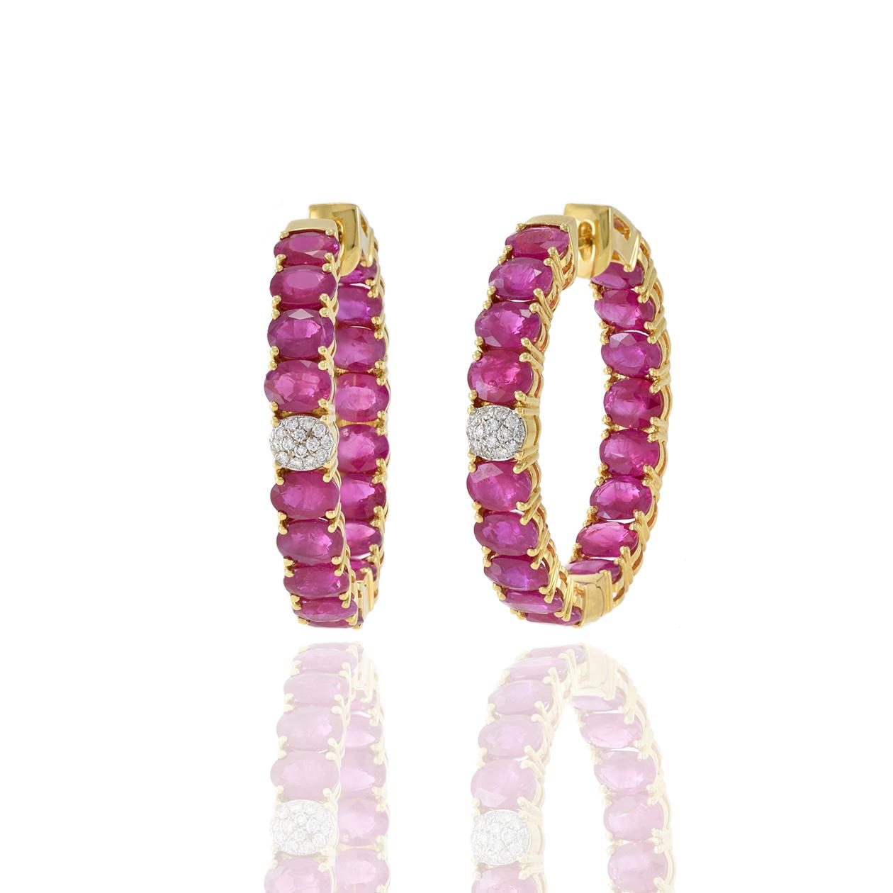 Oval Cut 18KT Yellow Gold Oval Ruby And Diamond Hoop Earrings For Sale