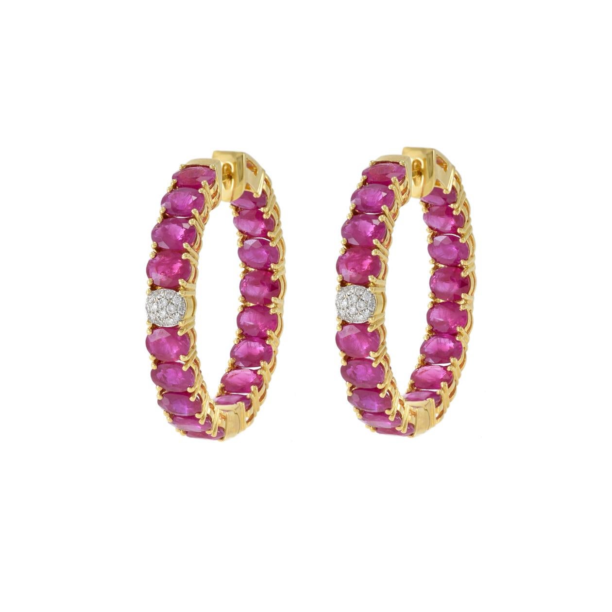 18KT Yellow Gold Oval Ruby And Diamond Hoop Earrings In New Condition For Sale In New York, NY
