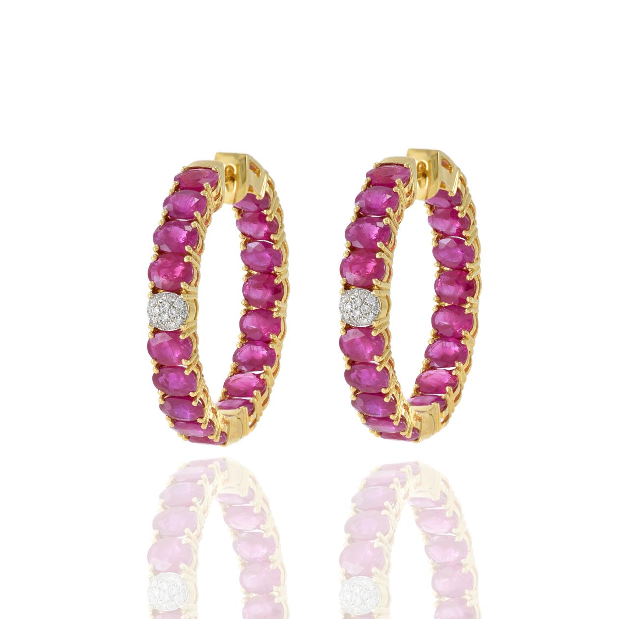 Women's or Men's 18KT Yellow Gold Oval Ruby And Diamond Hoop Earrings For Sale