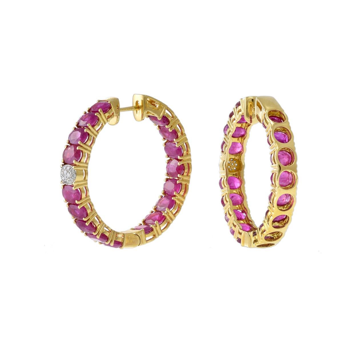 18KT Yellow Gold Oval Ruby And Diamond Hoop Earrings For Sale 1