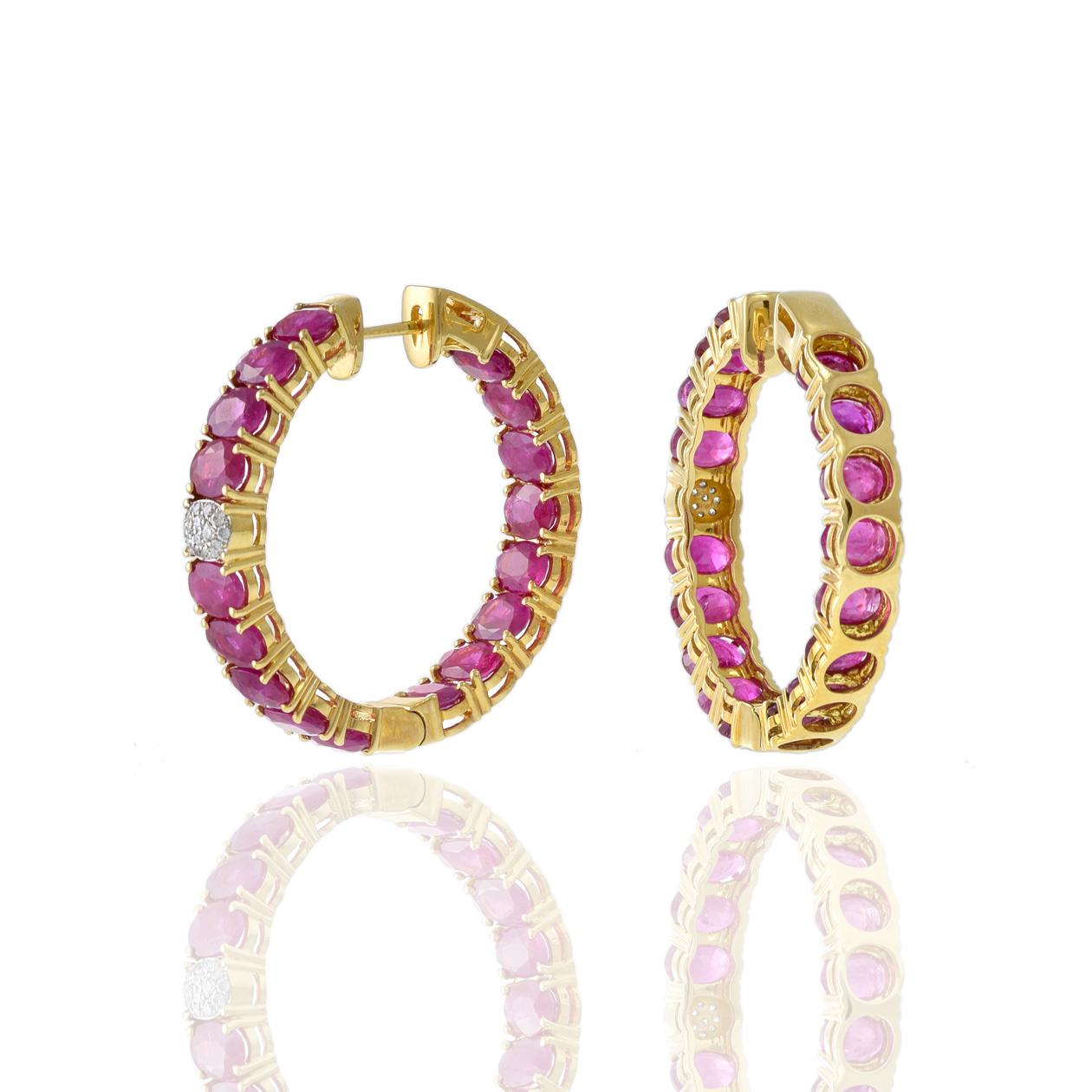 18KT Yellow Gold Oval Ruby And Diamond Hoop Earrings For Sale 2
