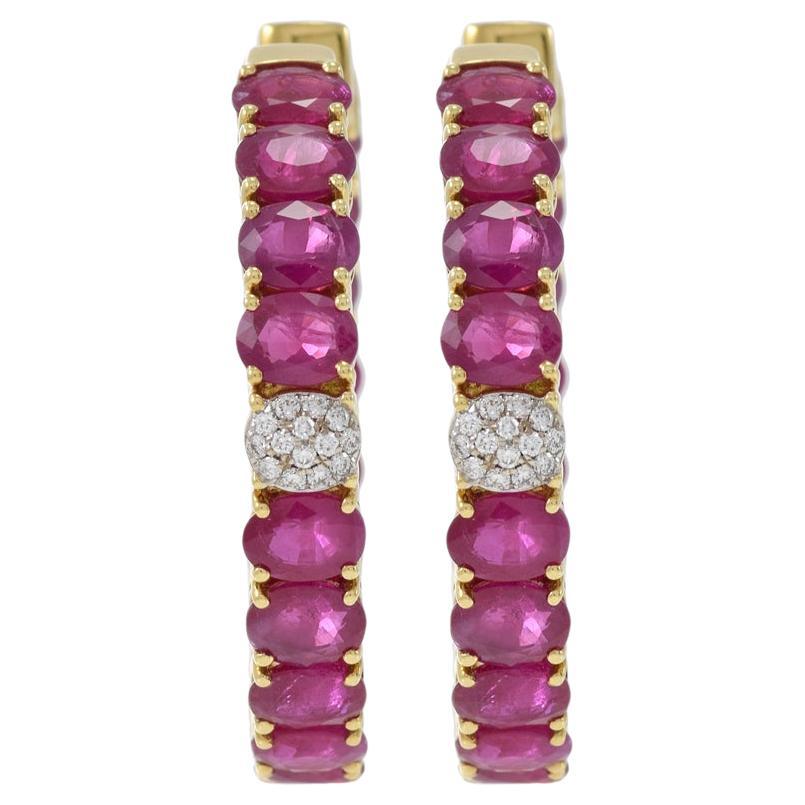 18KT Gelbgold Creolen mit ovalem Rubin und Diamanten