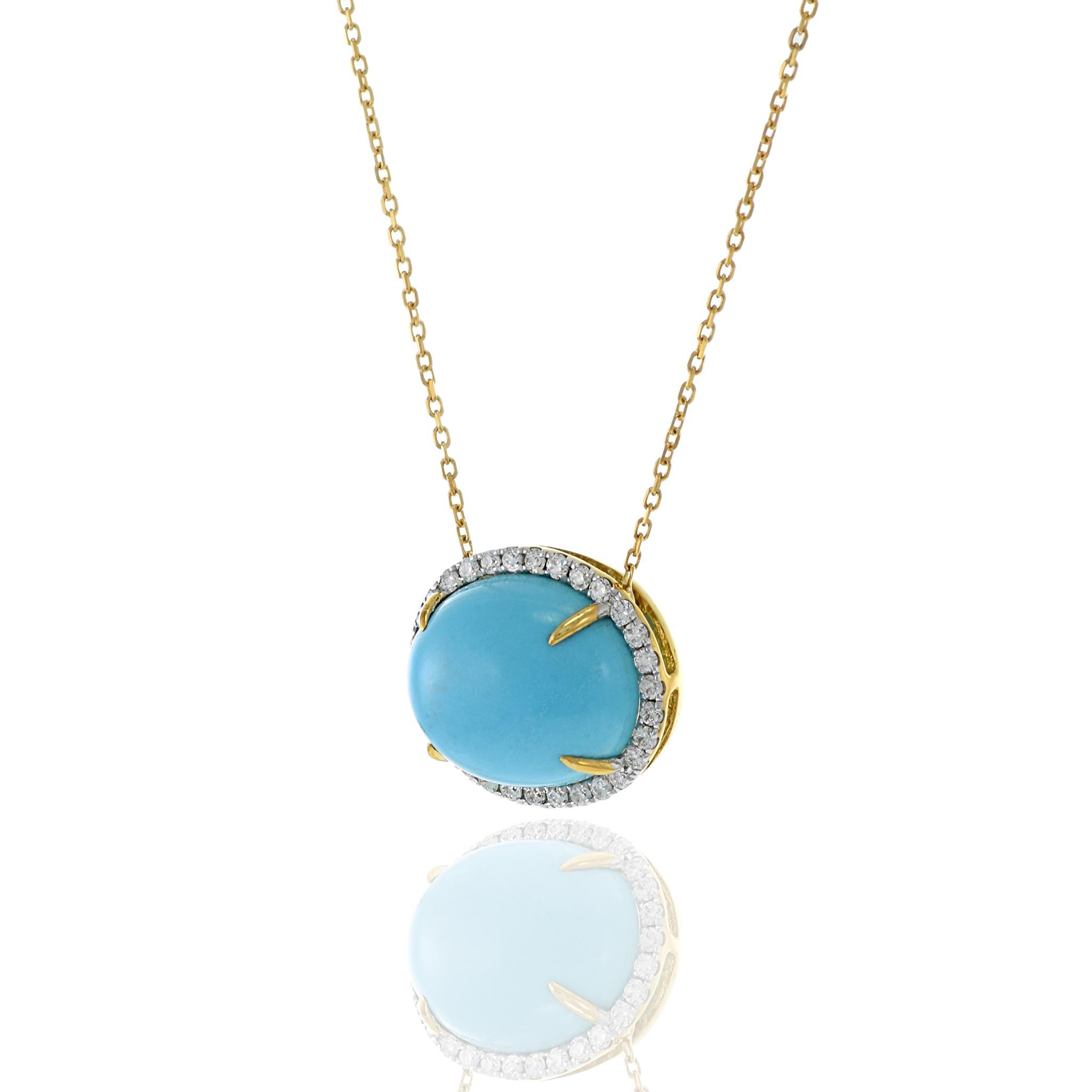 Oval Cut 18KT Yellow Gold Oval Turquoise And Diamond Pendant Necklace For Sale