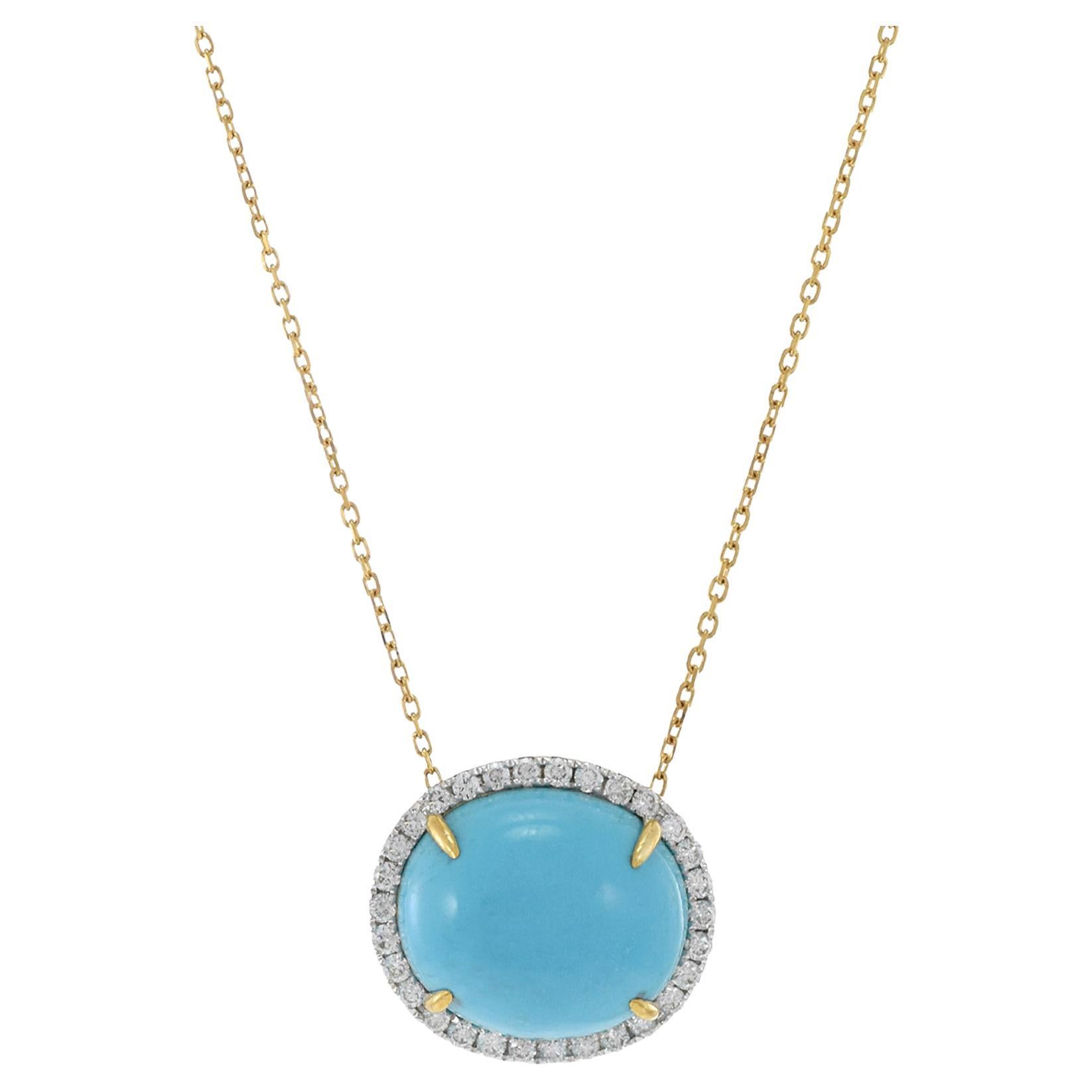 18KT Yellow Gold Oval Turquoise And Diamond Pendant Necklace