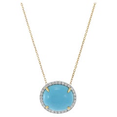 18KT Yellow Gold Oval Turquoise And Diamond Pendant Necklace