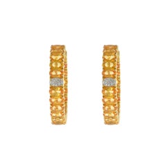 18KT Yellow Gold Oval Yellow Sapphire and Diamond Hoop Earrings