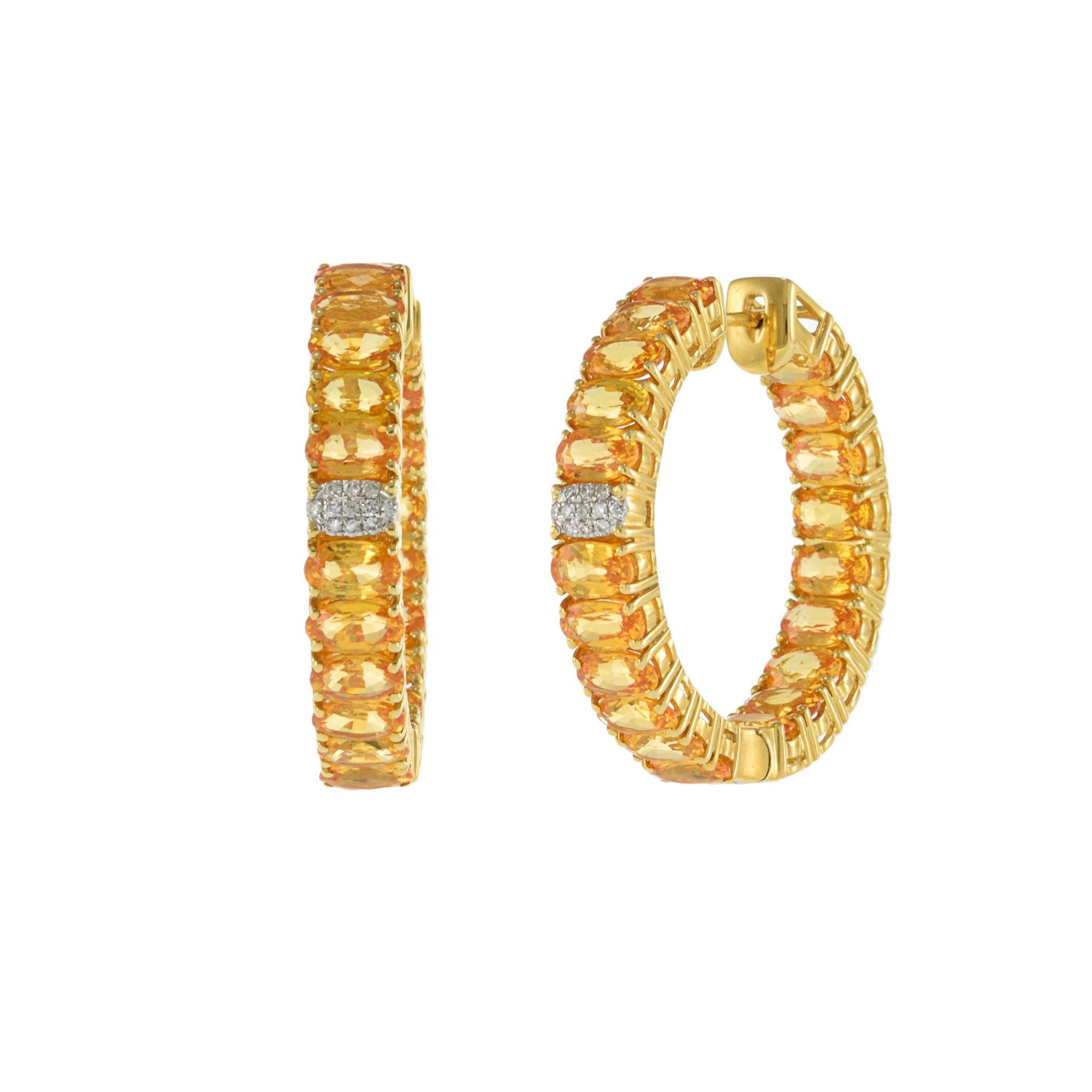 Modern 18KT Yellow Gold Oval Yellow Sapphire and Diamond Hoop Earrings For Sale