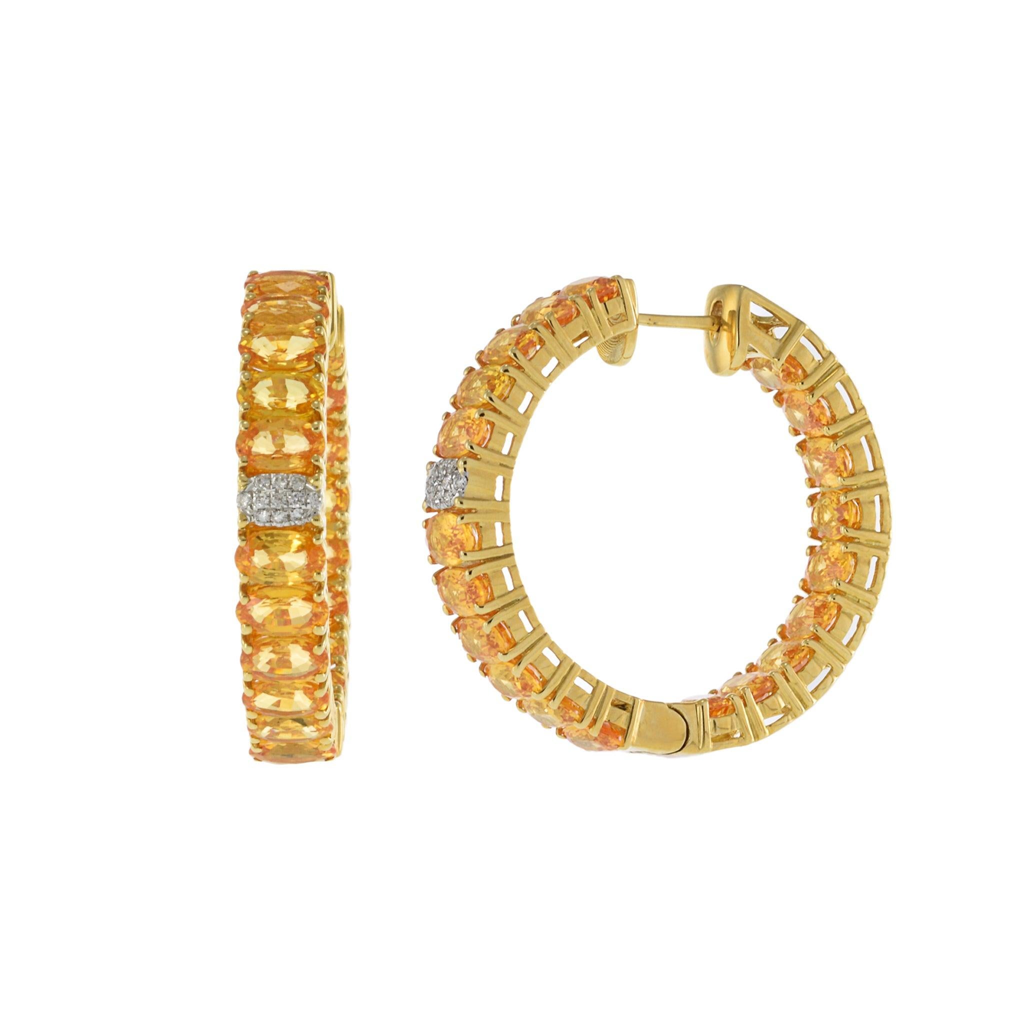 Oval Cut 18KT Yellow Gold Oval Yellow Sapphire and Diamond Hoop Earrings For Sale