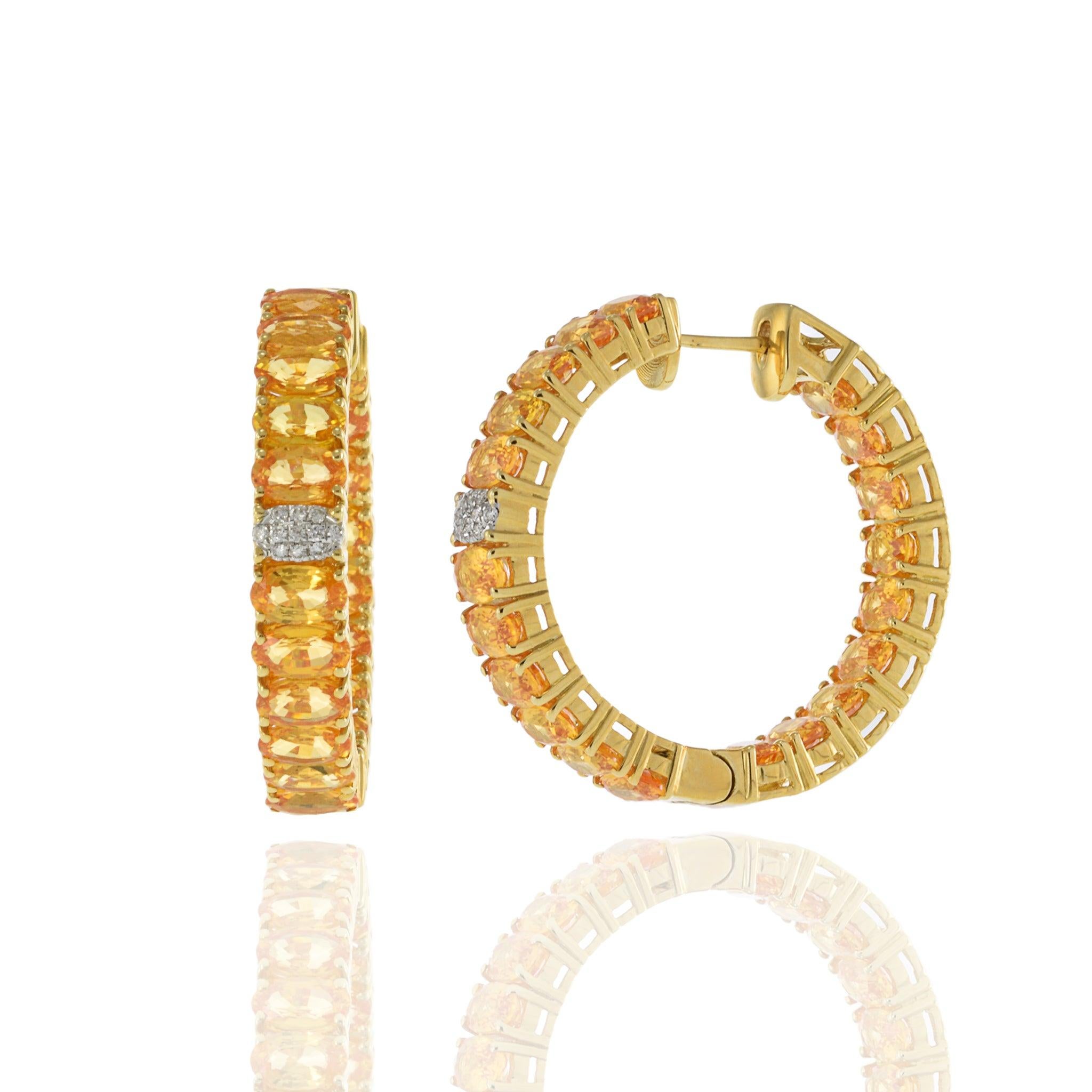 18KT Yellow Gold Oval Yellow Sapphire and Diamond Hoop Earrings In New Condition For Sale In New York, NY