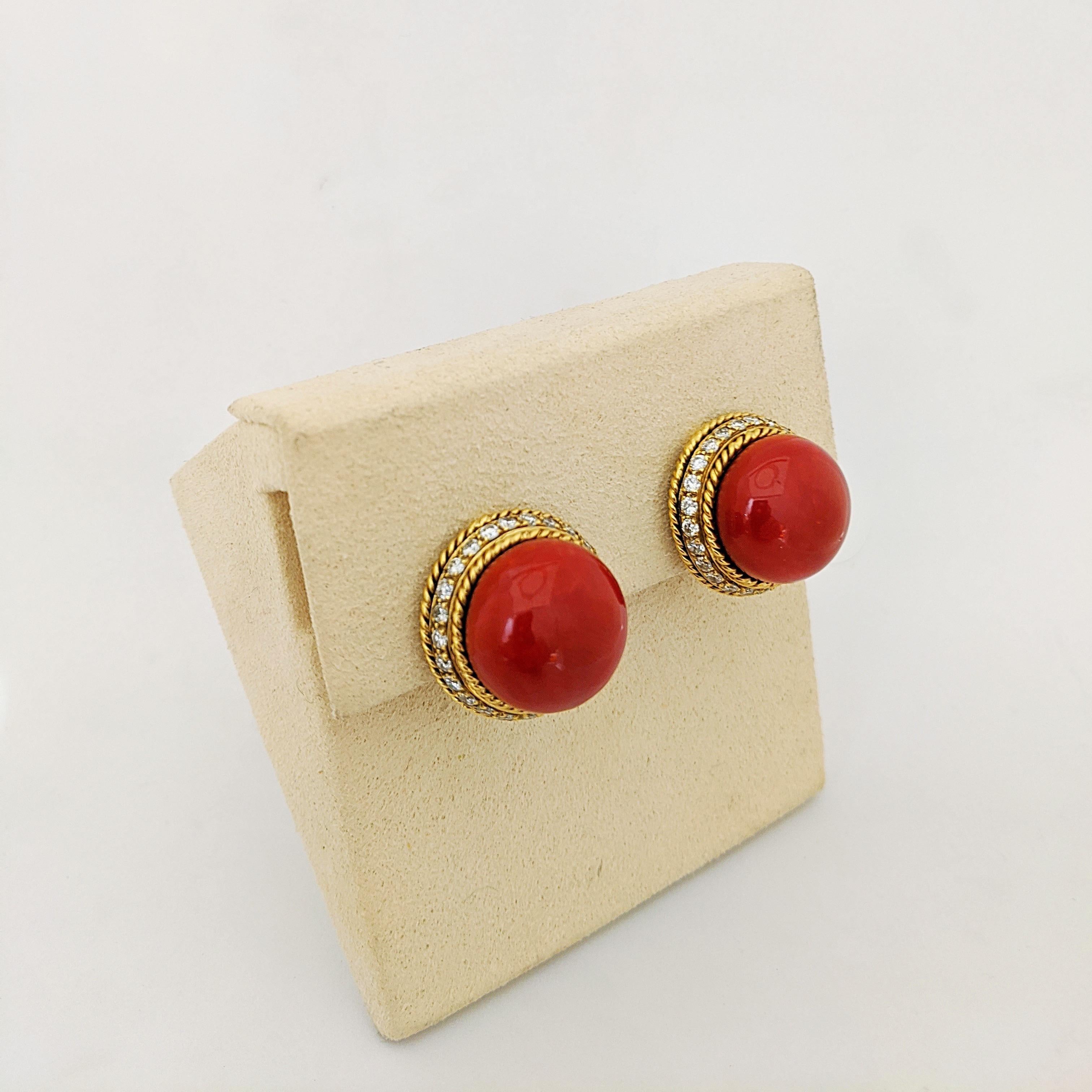 Retro 18 Karat Yellow Gold Oxblood Coral Earrings with 2.08 Carat Diamonds For Sale