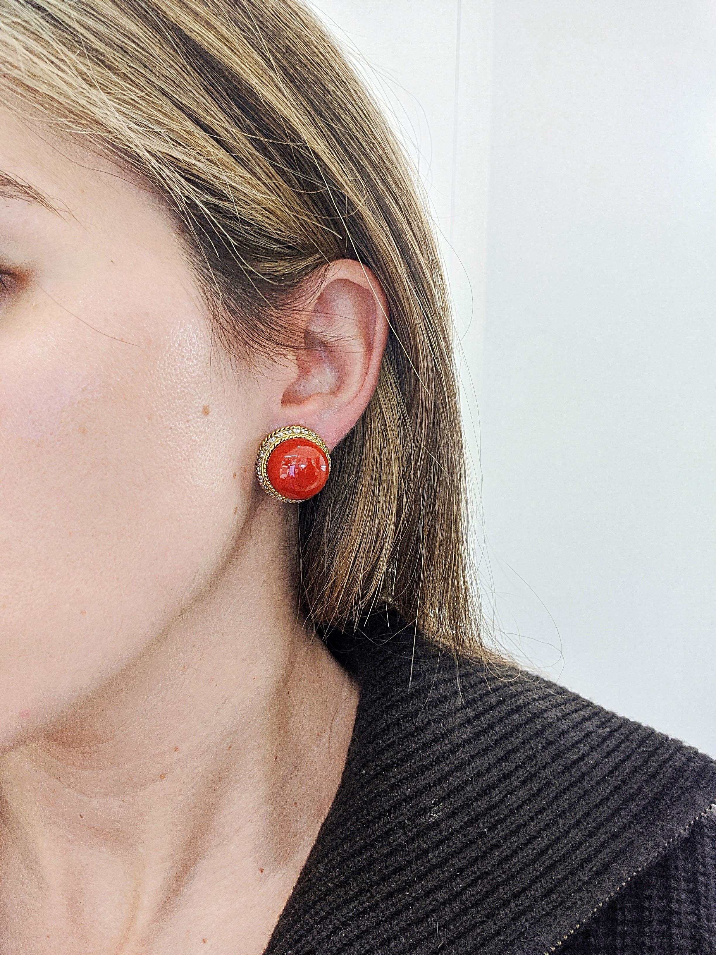 Round Cut 18 Karat Yellow Gold Oxblood Coral Earrings with 2.08 Carat Diamonds For Sale