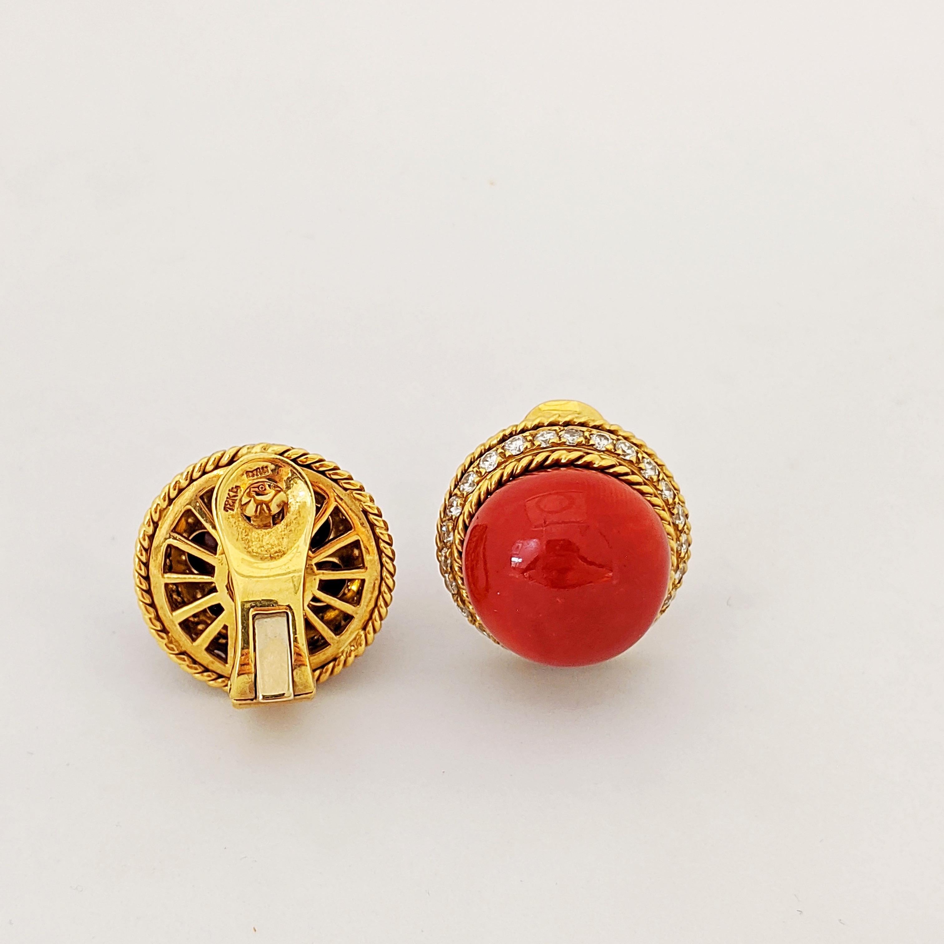 Women's or Men's 18 Karat Yellow Gold Oxblood Coral Earrings with 2.08 Carat Diamonds For Sale