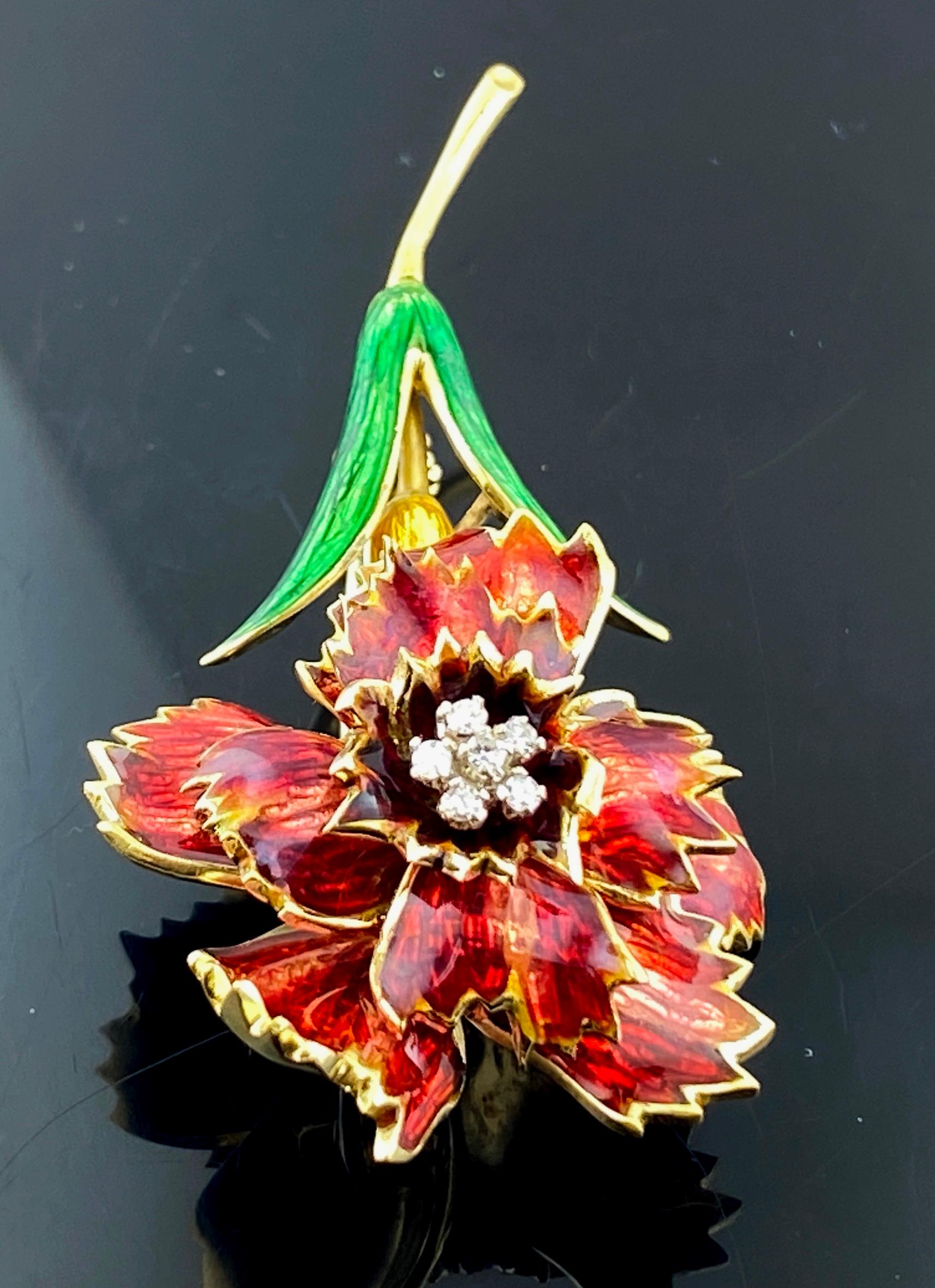 18KT Yellow Gold Painted Flower Pin In Excellent Condition For Sale In Palm Desert, CA