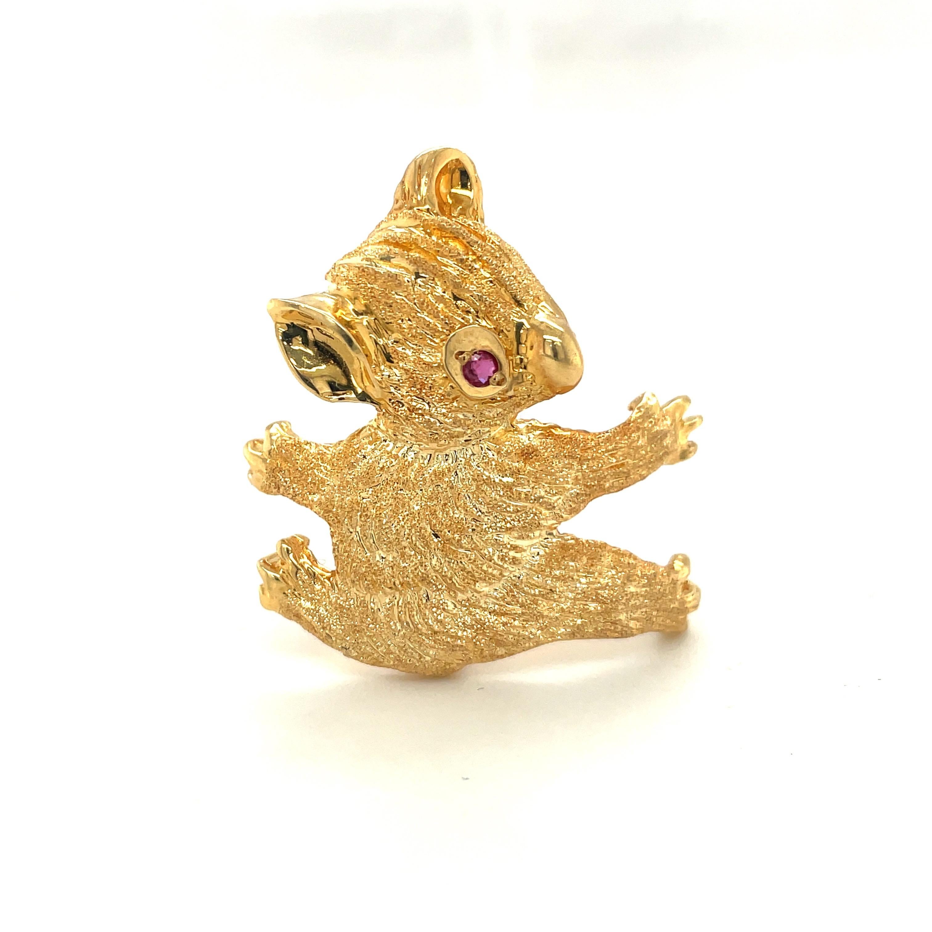 Retro 18KT Yellow Gold Panda Brooch with Ruby Eye For Sale