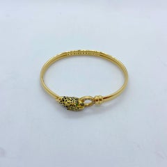 18 Karat Gold Panther Head Bangle Bracelet with Diamonds, Emeralds and Enamel