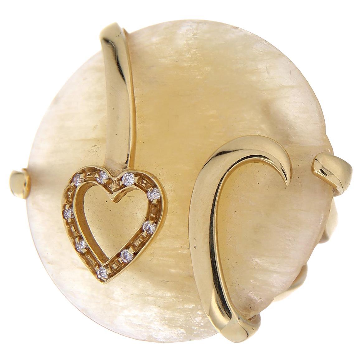 18 Karat Yellow Gold Pascia Heart Ring Mother of Pearl & White Diamonds For Sale