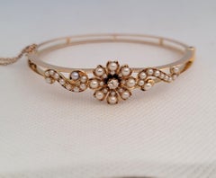 18kt Yellow Gold Pearl Diamond Bracelet, Vintage Old Mine Cut, Hinged, Floral