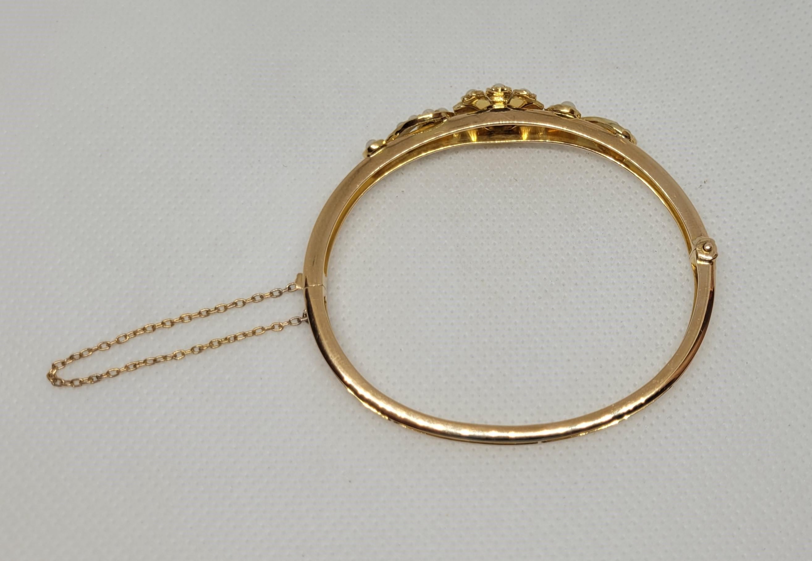 Victorian 18kt Yellow Gold Pearl Diamond Bracelet, Vintage Old Mine Cut, Hinged, Floral For Sale