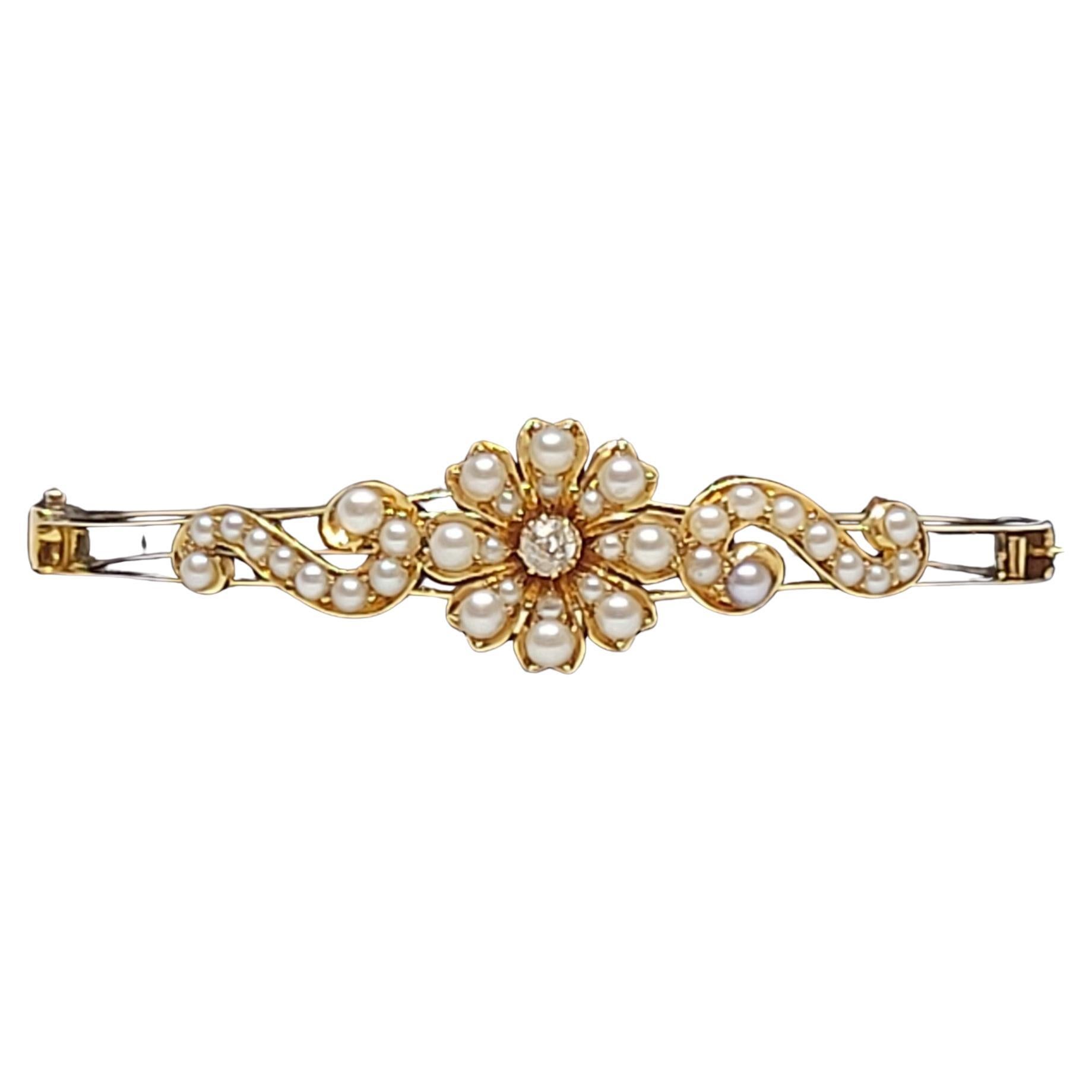 18kt Yellow Gold Pearl Diamond Bracelet, Vintage Old Mine Cut, Hinged, Floral
