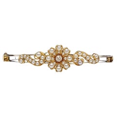 18kt Yellow Gold Pearl Diamond Bracelet, Vintage Old Mine Cut, Hinged, Floral