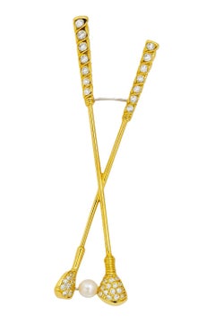 18kt Yellow Gold Pearl & Diamond Golf Club Pin